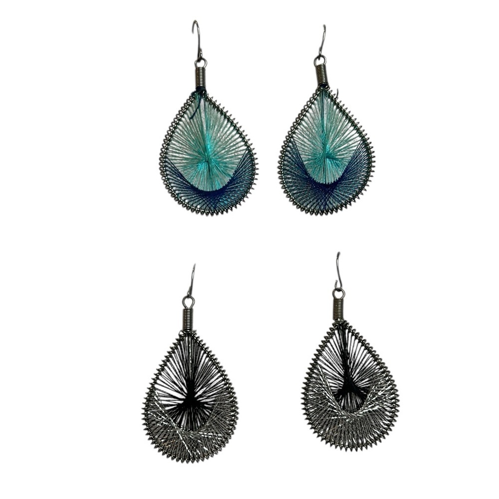 Boho Pierced Teardrop Thread Wrapped Dandle Earrings Blue Black Silver